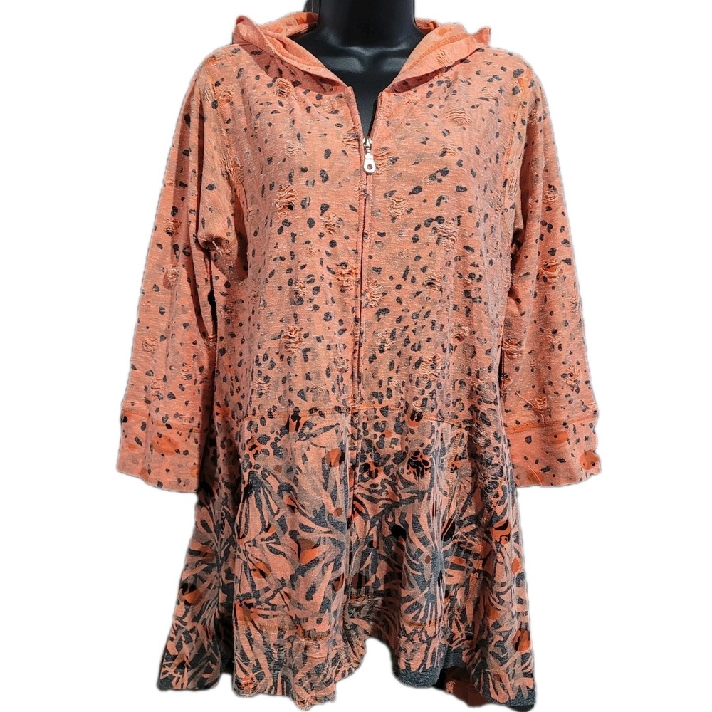 Cubism Art to Wear Full Zip Hoodie Sz M Orange Distressed Weathered Animal Print